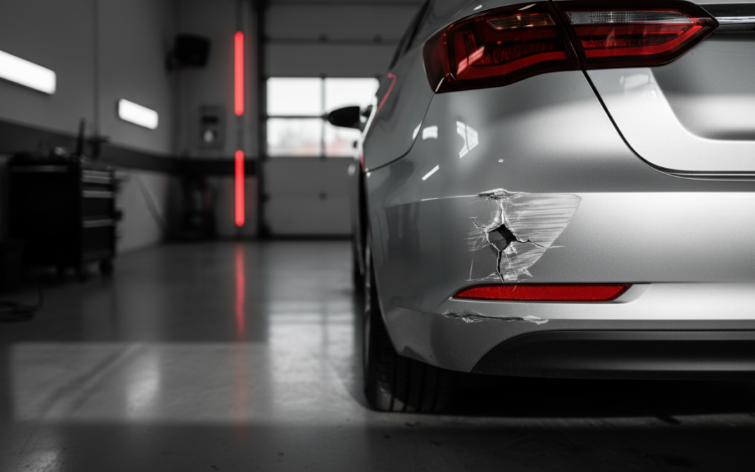 Bumper Repair Gilbert AZ - close-up of scuffed plastic rear bumper at Network Collision Repair body shop