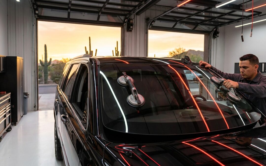Windshield replacement Gilbert AZ - auto glass technician installing new windshield at Network Collision Repair
