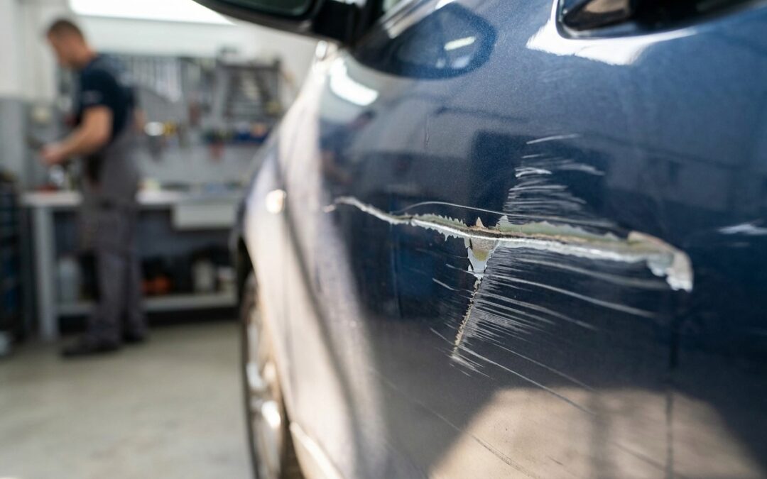 Deep key scratch through the paint on a car door panel in Gilbert AZ