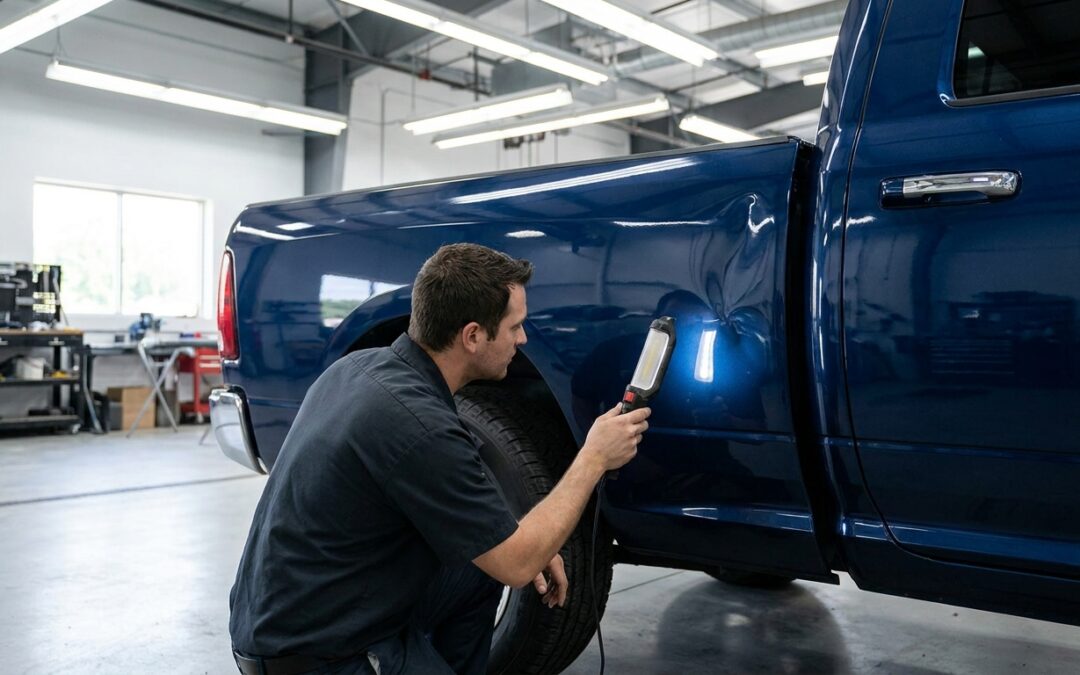 Technician inspecting dented bed side of a pickup truck in a Gilbert AZ body shop