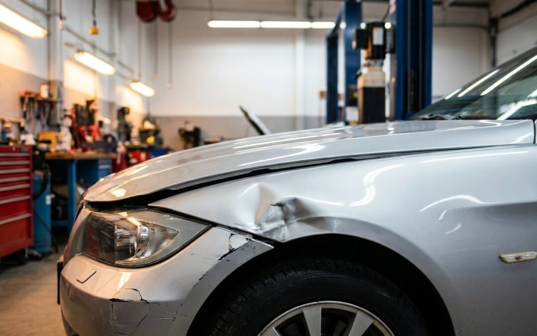 BMW front fender collision damage in a Gilbert AZ auto body repair shop