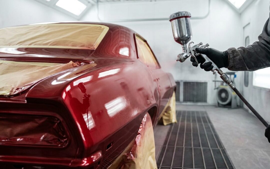 Technician spray painting a Dodge muscle car quarter panel in a downdraft paint booth at Network Collision Repair in Gilbert, AZ