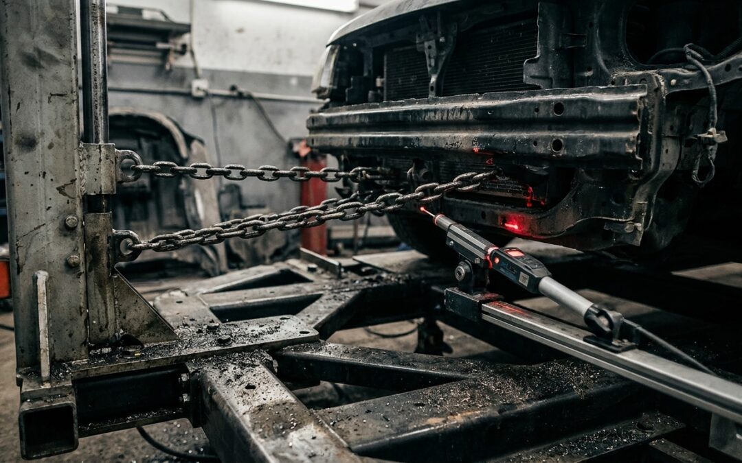 Computerized frame measuring system pulling a vehicle's structural rail in a Gilbert AZ collision repair shop