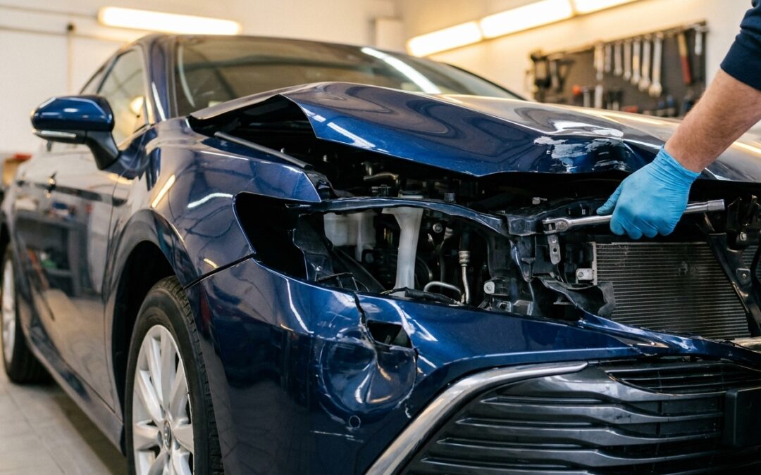 Technician inspecting a crushed front bumper and radiator support after a front-end collision at a Gilbert AZ auto body shop
