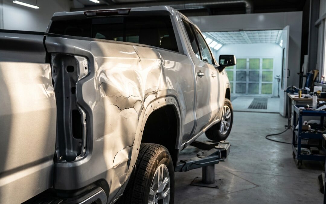 Collision-damaged GMC Sierra pickup truck bed side on a lift inside a professional auto body repair shop