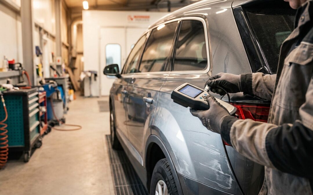Technician using a digital spectrophotometer to color-match paint on a vehicle at a Gilbert AZ collision repair shop