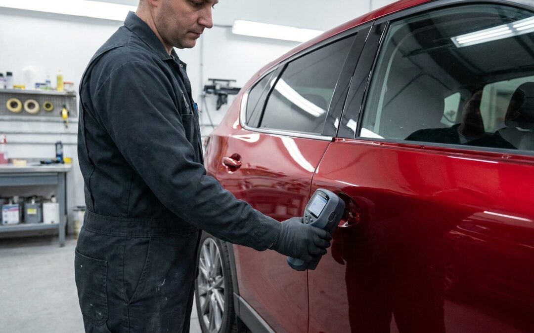 Technician using a spectrophotometer to color match paint on a red vehicle at a collision repair shop