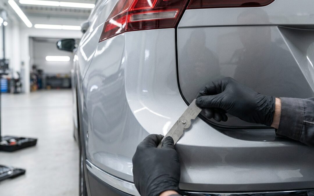 Technician checking panel gap alignment on a Volkswagen during collision repair in Gilbert, AZ