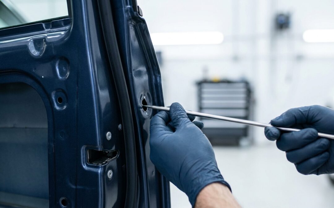 Technician using a paintless dent repair rod on a car door panel